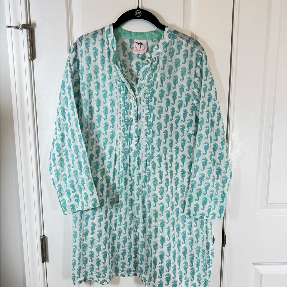 Shrimp & Grits Kids Seahorse Coastal Tunic Dress Cotton Beach Summer Preppy L